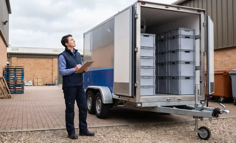Worker checking inventory of stacked crates inside open delivery trailer outdoors