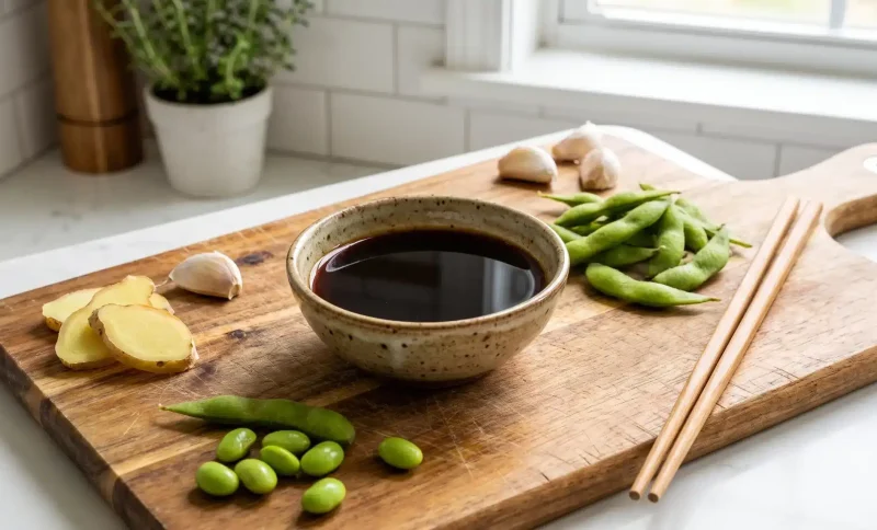 Bowl of soy sauce with edamame pods and garlic on wooden cutting board in kitchen