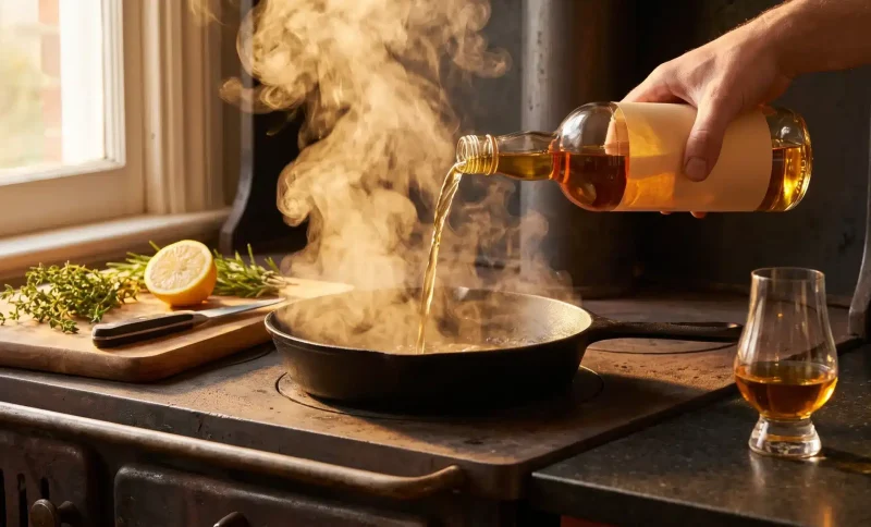 Pouring amber liquid into cast iron skillet with steam rising in rustic kitchen setting