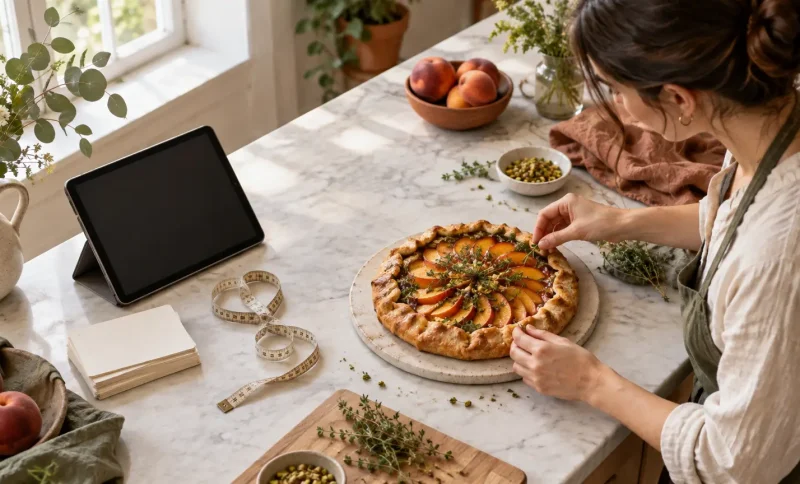 A woman garnishing peach galette in a bright kitchen with a tablet and fresh peaches nearby