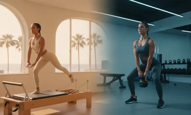 Two women performing Pilates and kettlebell workouts in contrasting gym environments