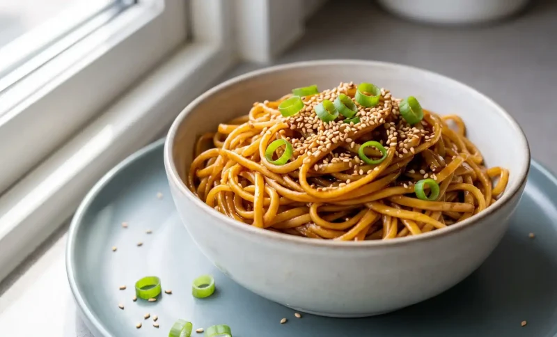 Noodles topped with sesame seeds and green onions in a ceramic bowl by a window