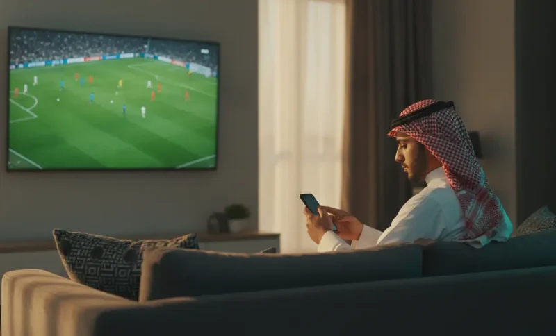 Man in traditional clothing on sofa using phone while soccer plays on TV in dimly lit living room