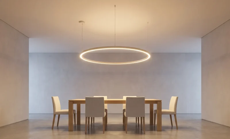 Modern dining room with wooden table, six beige chairs, and circular pendant light fixture