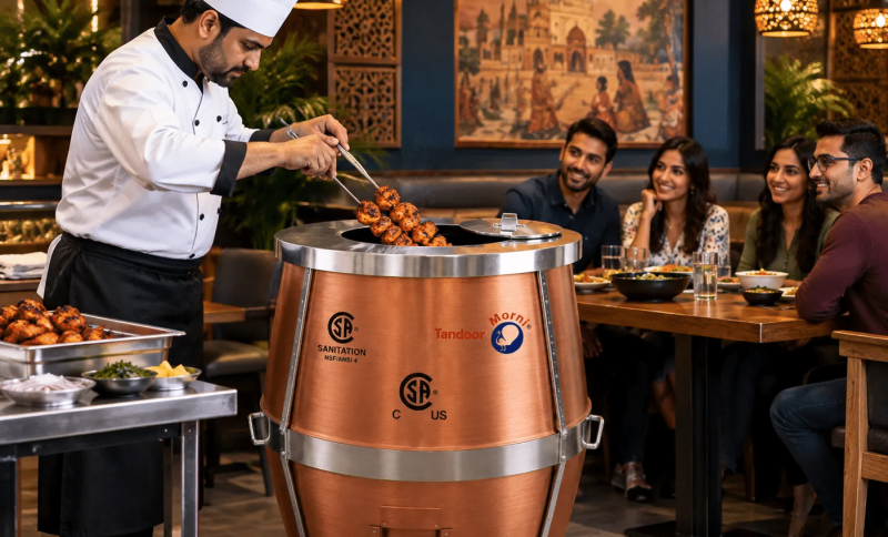 Chef cooking chicken tikka on a Tandoor Morni clay tandoor oven - CSA and NSF/ANSI 4 certified